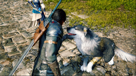 Best JRPGs: Clive petting Torgal in FF16