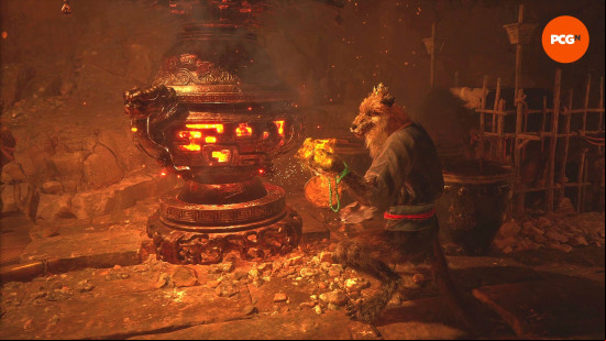 How to increase stats in Black Myth Wukong: Xu Dog hands a crafted Celestial Medicine to the Destined One from the furnace.