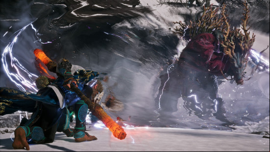 Black Myth Wukong review: The Destined One stays low to the ground, his staff glowing fiery red as an electric dragon in a wizard robe advances in a plume of electricity.