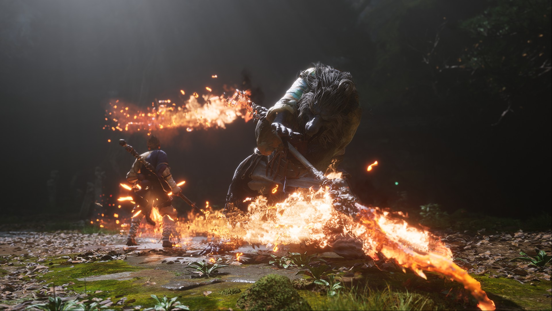 Black Myth Wukong preview: Wukong fighting a boss wiedling a flaming weapon.