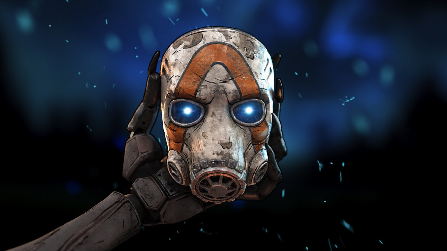 Borderlands 4: A hand holding a Borderlands mask on a space-themed background