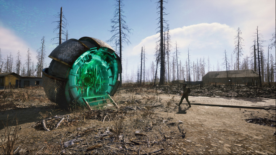 Someone walks towards a giant green portal in an irradiated wasteland.