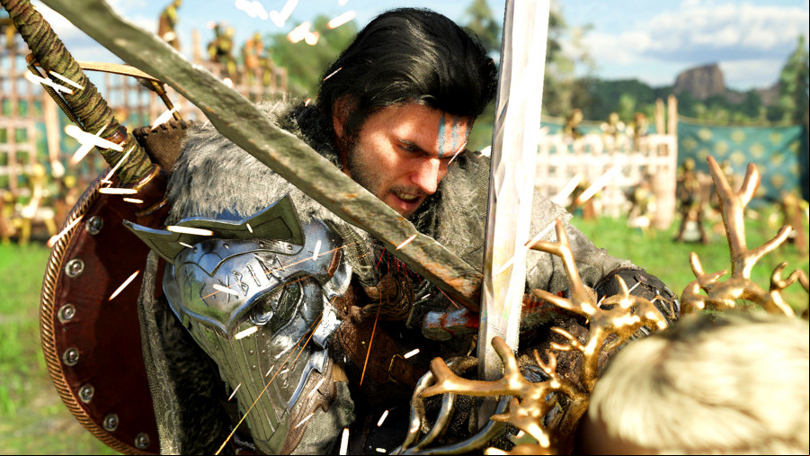 Crimson Desert - A dark-haired man clashes swords with a mysterious figure in an open field.