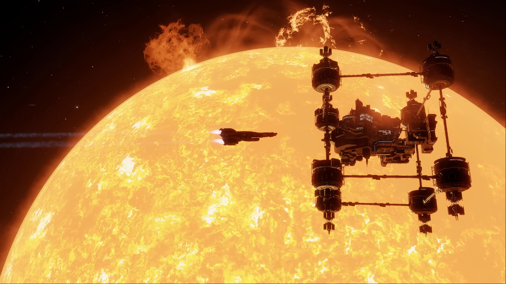 Elite Dangerous - A ship flies towards a station in low orbit of a burning star.