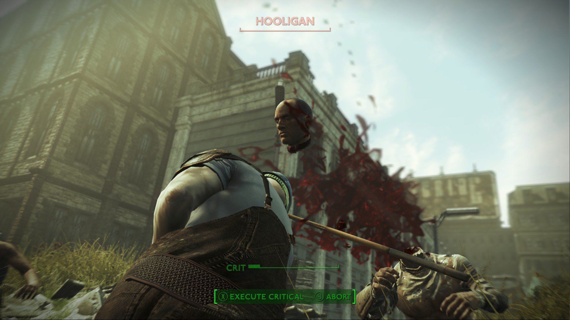 Fallout London review: third-person VATS view of a head flying through the air.