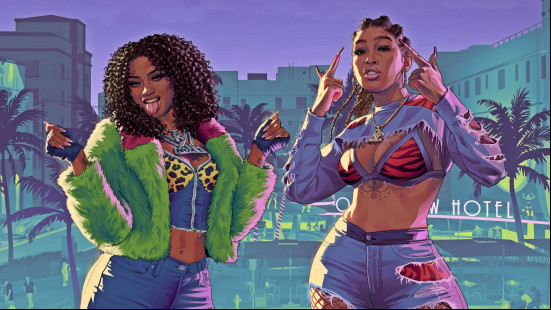 GTA 6 cheats: Real Dimez pose against a backdrop of the Oceanview Hotel in Vice City.