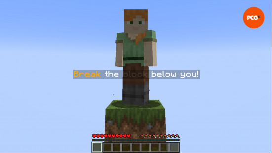A Minecraft character stands atop a single block in the sky in Oneblock, one of the best Minecraft mods.