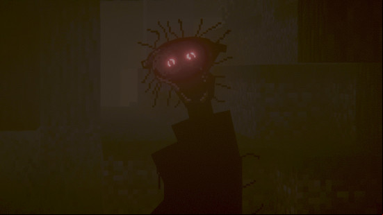 In a lightened image, The Boiled One from one of the best Minecraft mods creeps up on the player in the dark, glowing red eyes the only indication it's there.