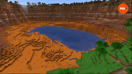A large lake in the middle of a red desert in one of the best Minecraft seeds.
