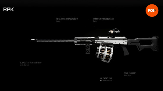 The best RPK loadout shown in preview with the names of five attachments round the sides.