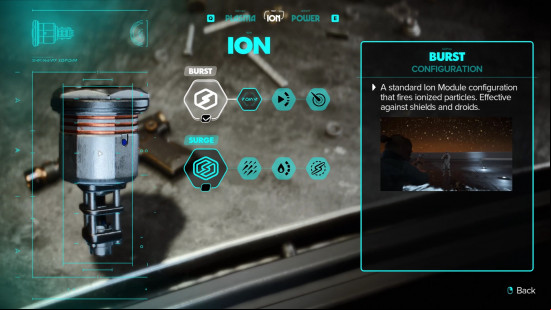 outlaws-blaster-ion Outlaws blaster upgrades: a menu screen showing various ion blaster upgrades.