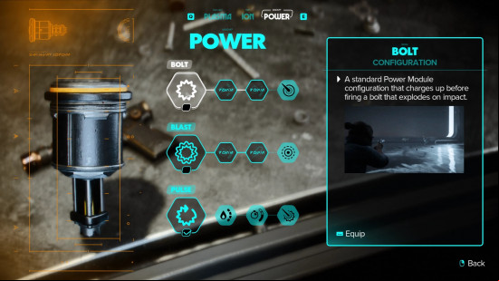 Outlaws blaster upgrades: a menu screen showing various heavy blaster upgrades.