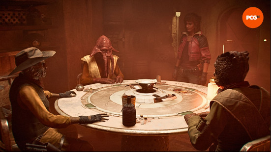 Star Wars Outlaws Sabacc: a woman approaches a table where several slien creatures are playing cards.