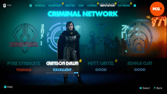 Star Wars Outlaws syndicates: a fearsome crime boss, dressed all in black.