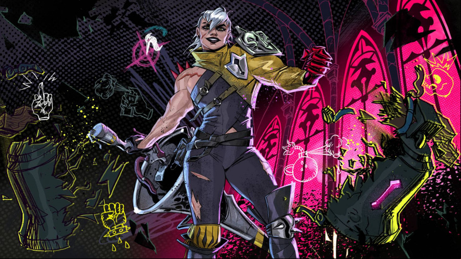 A muscular woman with silver hair, black lipstick and punk looking clothing stands in a cathedral area illuminated in pink