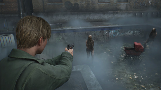 Silent Hill 2 preview: an over the shoulder screenshot of a man aiming a pistol at two mutated monsters