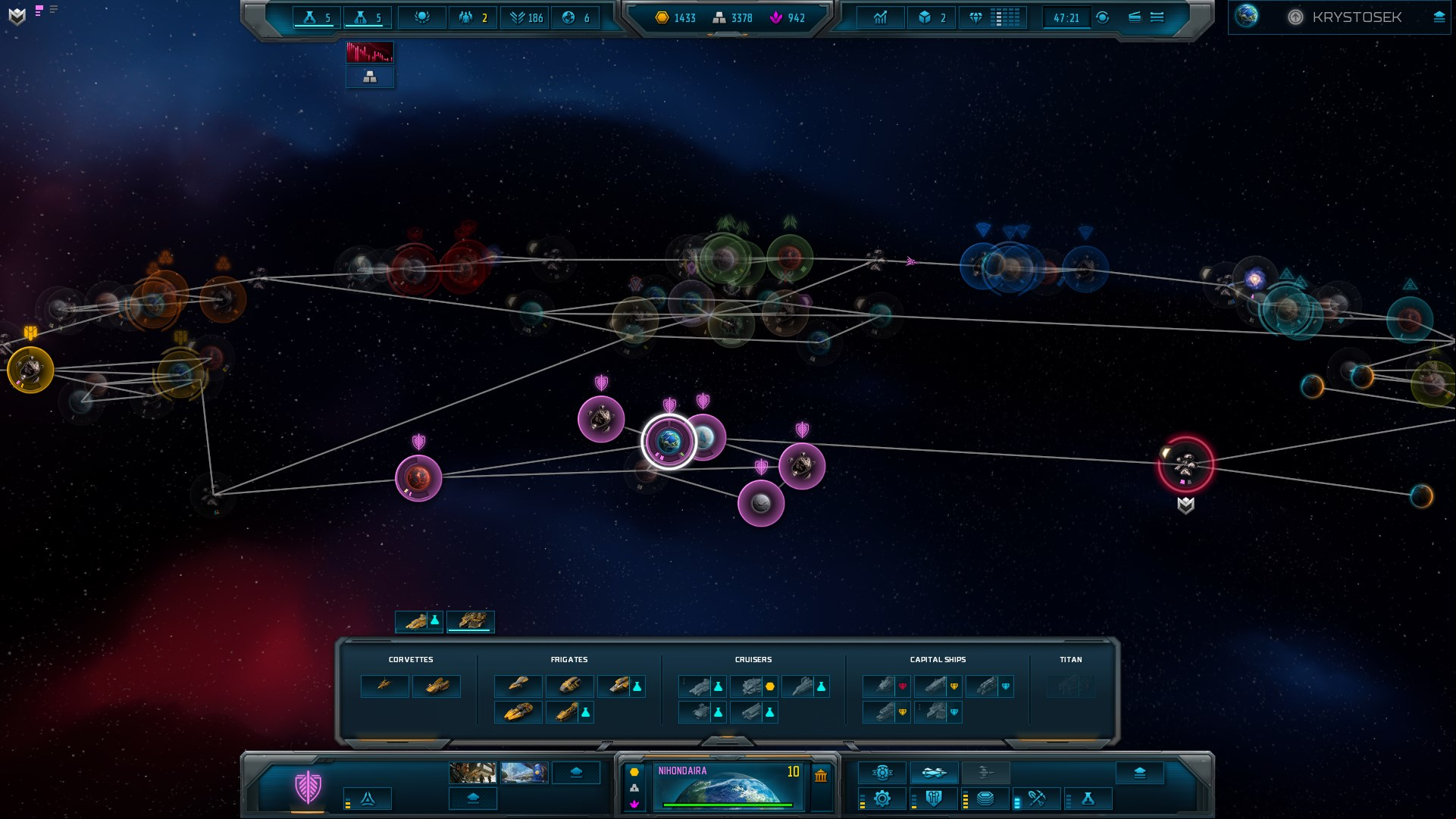Sins of a Solar Empire 2 review: A zoomed out view of one of Sins of a Solar Empire 2's maps, showing the lines between various planets and the logos of multiple factions in the background.