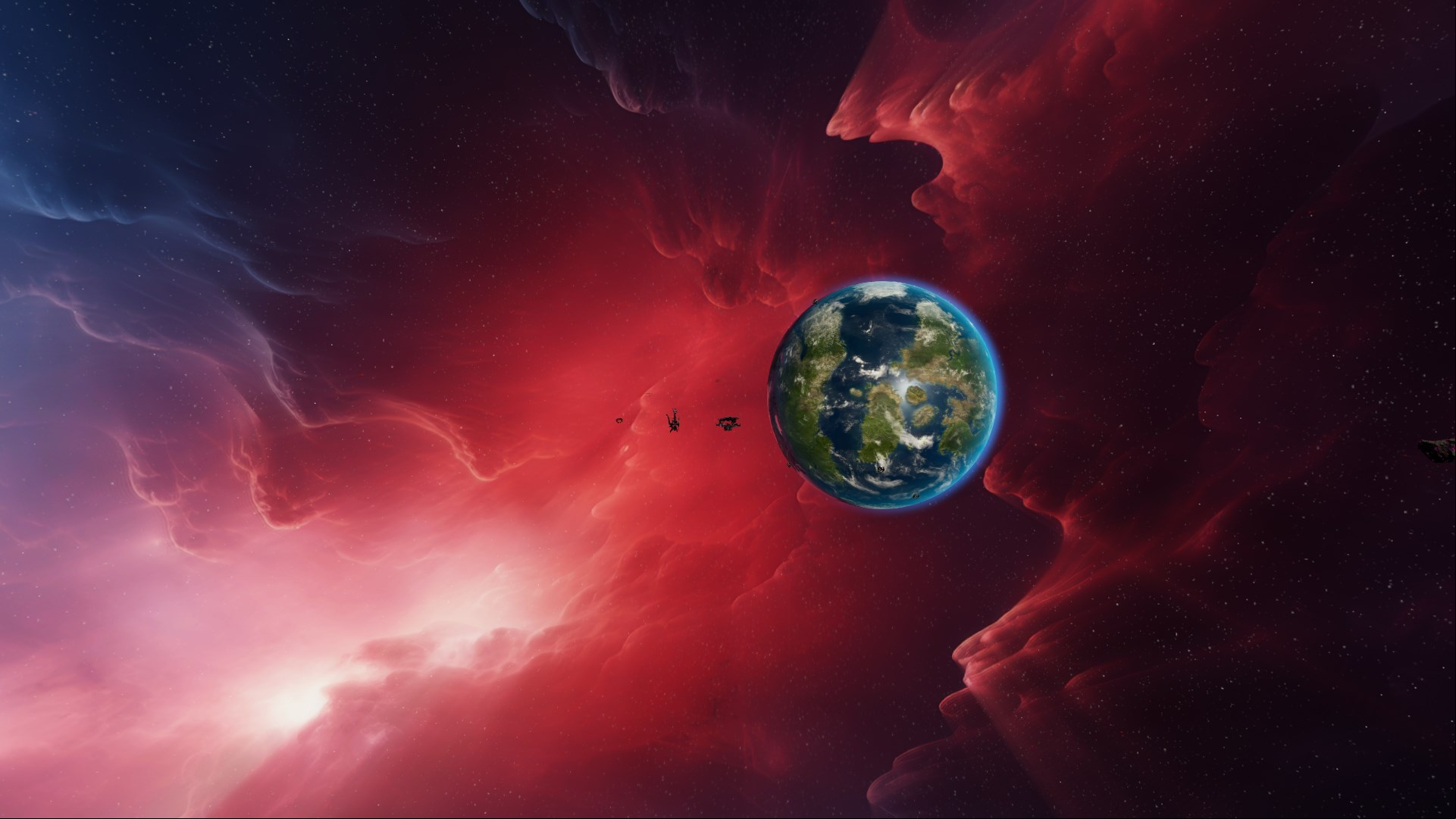 Sins of a Solar Empire 2 review: Three space station structures and a verdant green and blue world hovering in a vast red nebula..