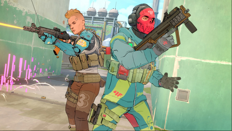 Spectre Divide: Two cel-shaded characters in the middle of a gunfight. One is a woman with short spiked hair, the other is wearing a red balaclava