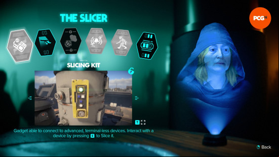 A hooded person, Aila Bren, one of the Star Wars Outlaws experts, shown in holo alongside their teachable abilities.