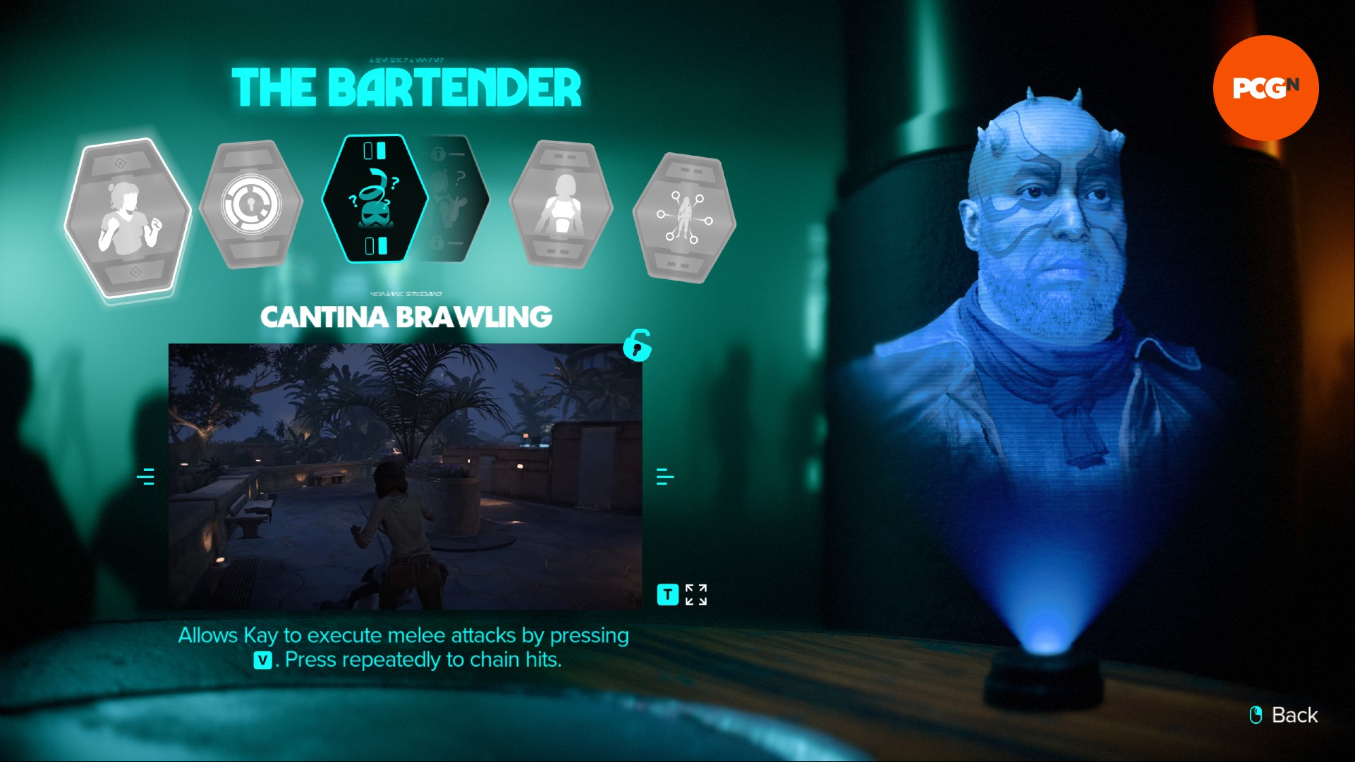 Bram, one of the Star Wars Outlaws experts, next to a list of his teachable abilities.