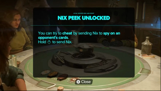 In-game explainer of how to cheat in Star Wars Outlaws Kessel Sabacc using the Nix peek.