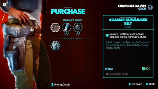 Star Wars Outlaws reputation: shop UI for the Crimson Dawn trader