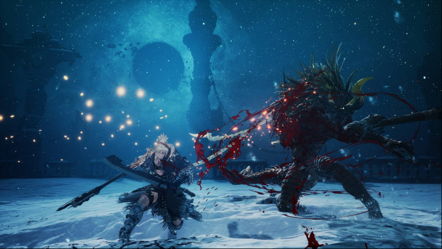 The First Berserker Khazan: A man with white hair and black armor fights a huge creature, drawing blood as he slashes in a space-like landscape