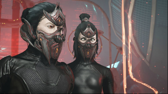 Warframe Koumei and the Five Fates update: A masculine and feminine character on the left and right respectively wearing the new Nightwaves Series gear.