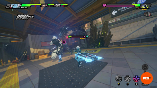 Zenless Zone Zero revenue launch July 2024: A screenshot of combat gameplay shows Lycaon kicking a monster as Soukaku charges forward with their ice-infused flag.