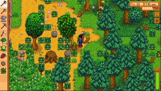 Best Apple Arcade games: Stardew Valley+. Image shows a screenshot of the game with someone chopping down a tree in a field.