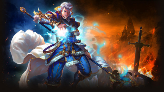 Best browser games: Eternal Fury: Resurrected. Image shows a person standing amidst a fiery landscape.