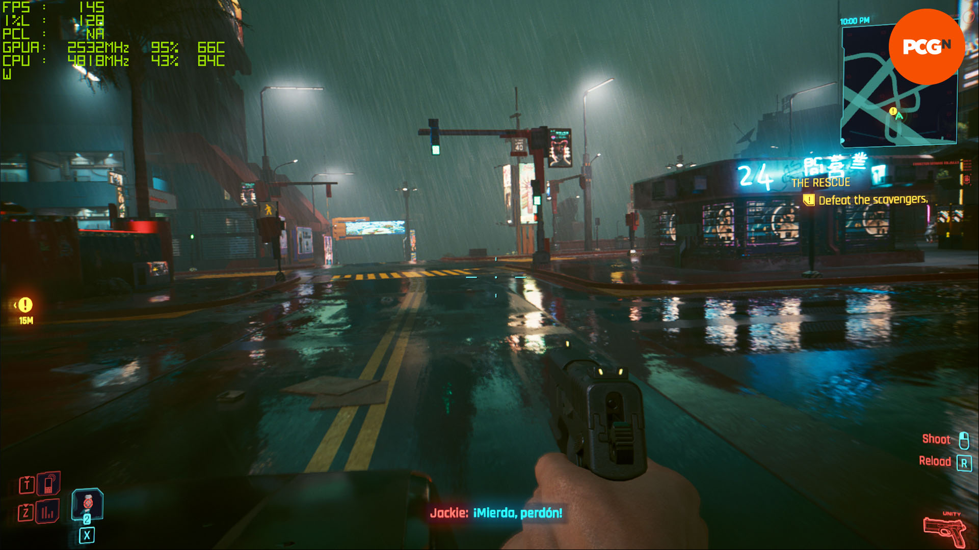 Cyberpunk 2077 running at 145fps on an AMD Radeon RX 6950 XT, using FSR 3 frame generation