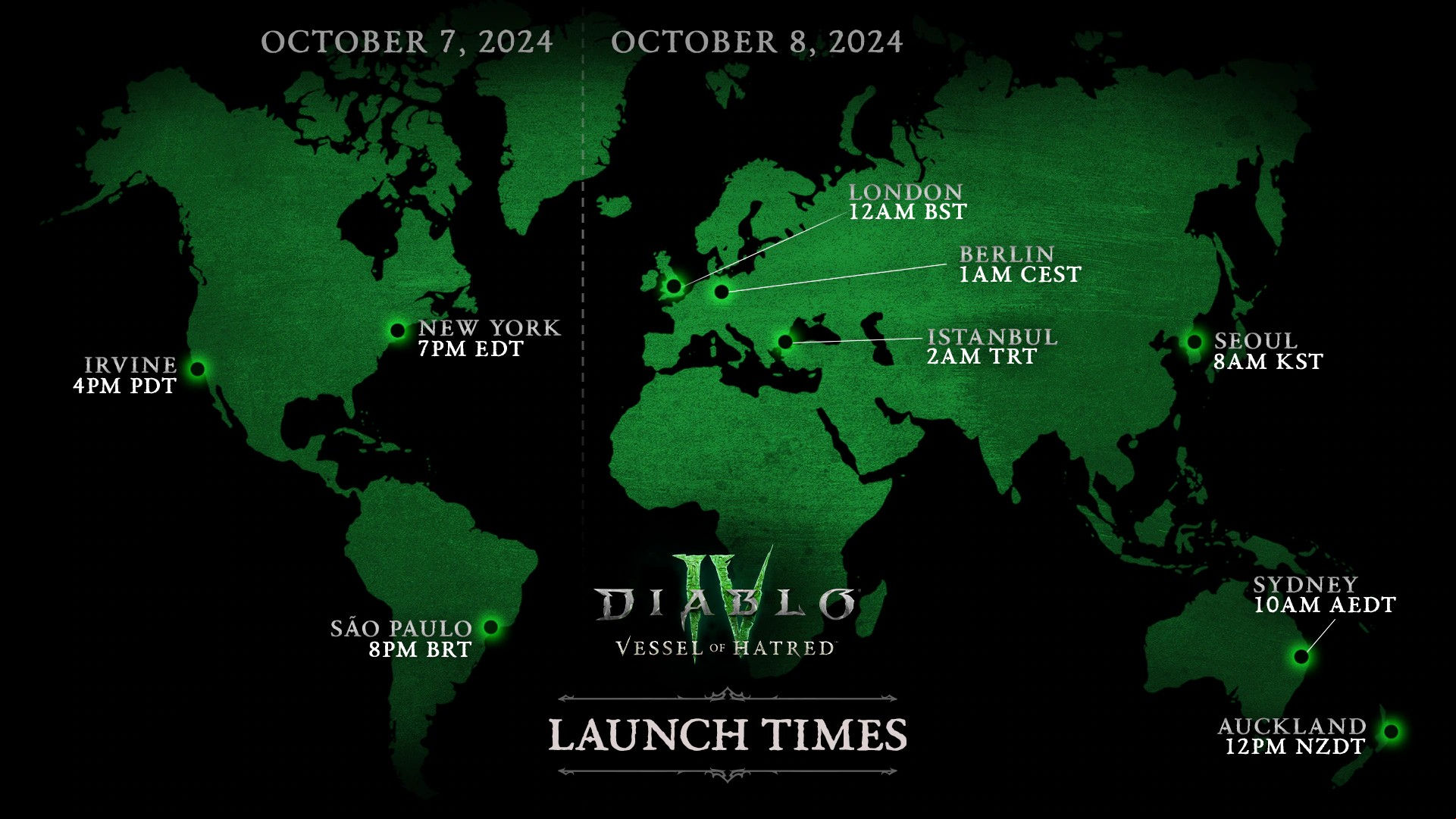 The global release times for the Diablo 4 Vessel of Hatred DLC shown on a green map of the world.