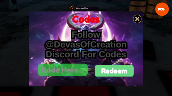 The menu to redeem Devas of Creation codes