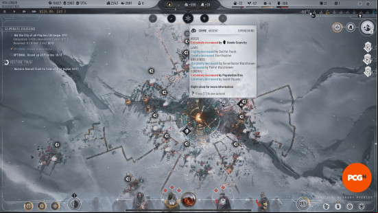 Frostpunk 2 tips: A screenshot shows the full Frostpunk 2 HUD, including how to use one of the hover features, showing which areas are doing well, and which are failing.