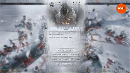 Three options to choose between to improve relations with the Pilgrims faction, as part of the make promises method to increase Frostpunk 2 trust.