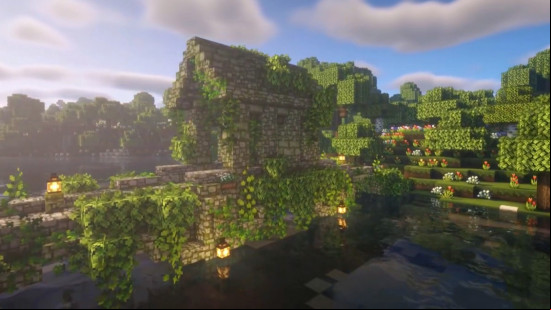 A beautiful stone Minecraft bridge, covered n leaves and vines and with a roof building on top.