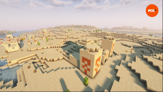 The sun sets over two villages and a desert temple in one of the best Minecraft seeds in 1.21.