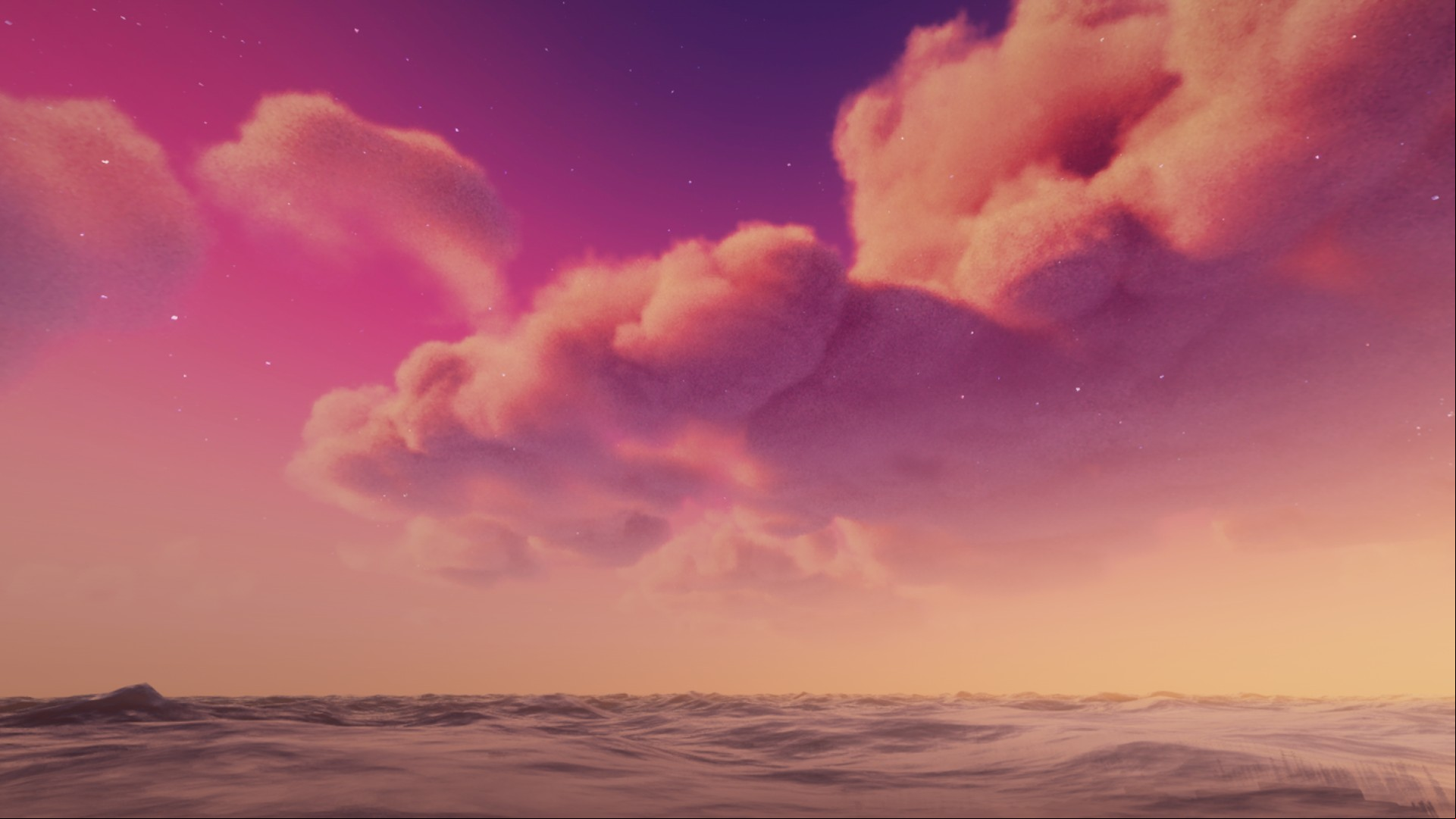 A pink and purple sky over a Minecraft ocean created by adding the Dramatic Skys Minecraft texture pack.