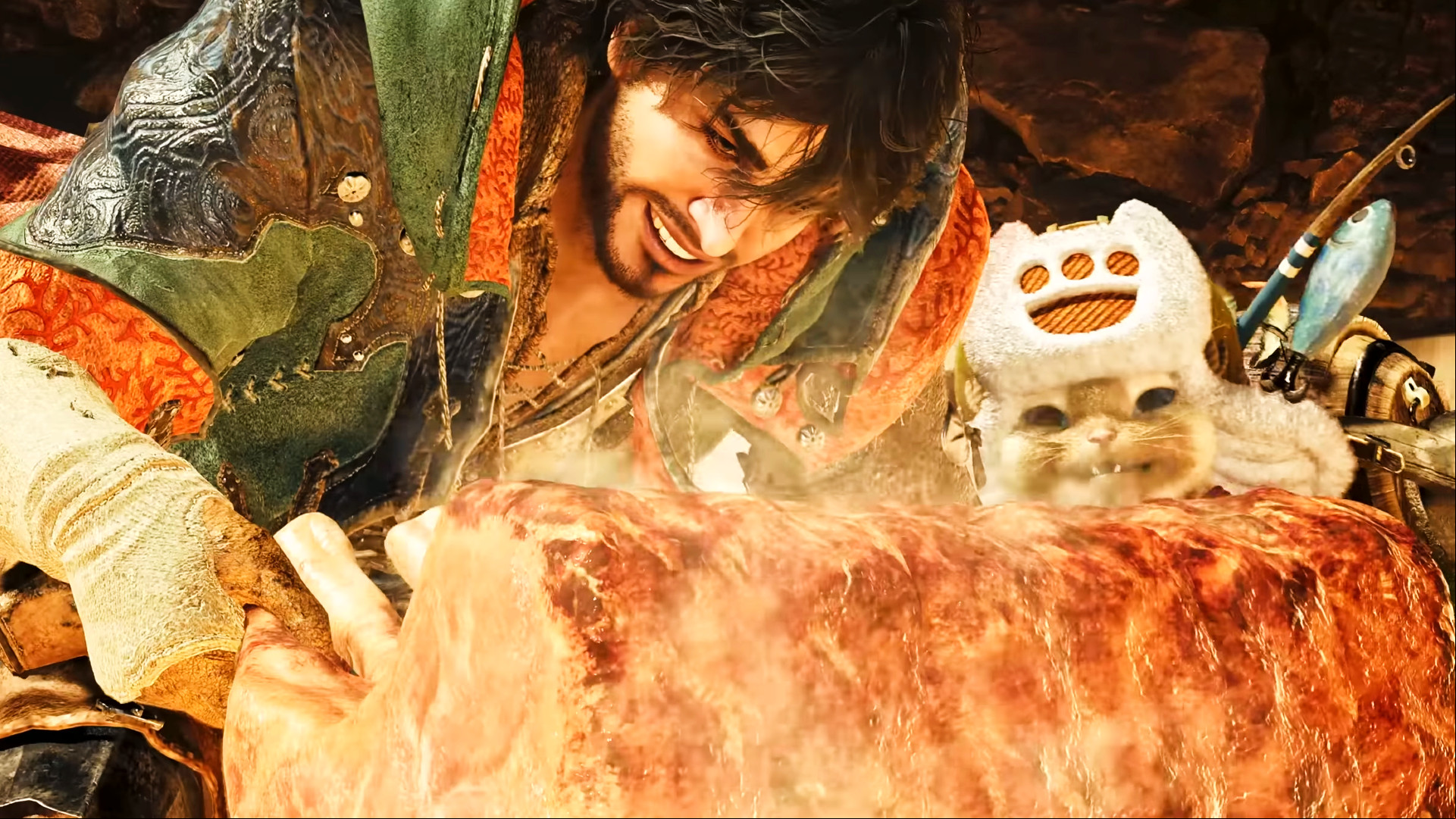 Monster Hunter Wilds - A hunter and a palico barbecue some meat.
