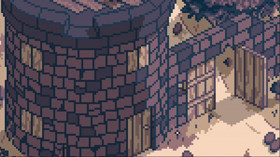 A castle as seen in Roadwarden, all ruins and pixel art.