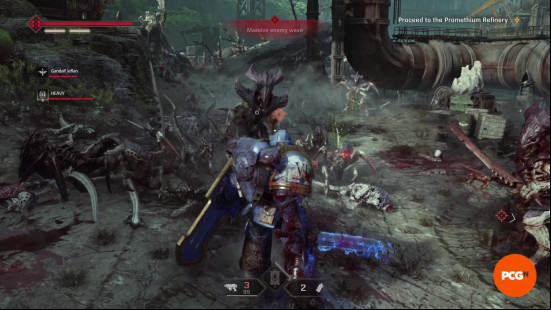 Space Marine 2 builds: A Bulwark standing with a sword and shield as Terminids charge at them.