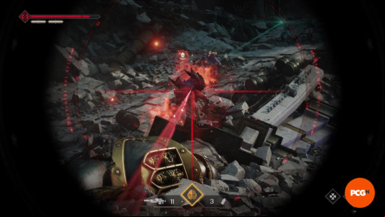 Space Marine 2 builds: A first-person screenshot of a sniper scope aimed at a Terminid surrounded by rubble.