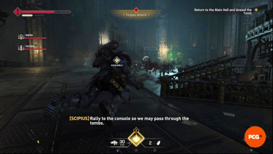 Space Marine 2 builds: A Vanguard grappling towards an enemy in a dark atrium.