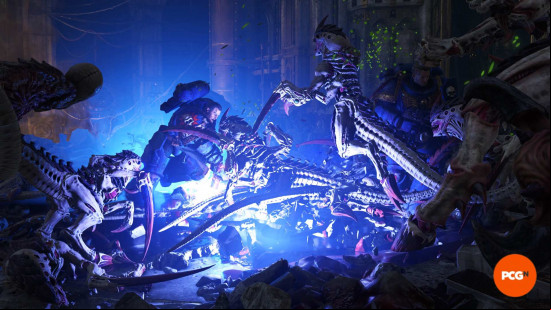 Space Marine 2 missions: Titus swinging his Power Sword at a pack of Tyranids.