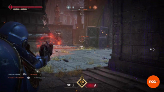Space Marine 2 builds: An Assault aiming a pistol at an enemy in the distance hiding by a box.