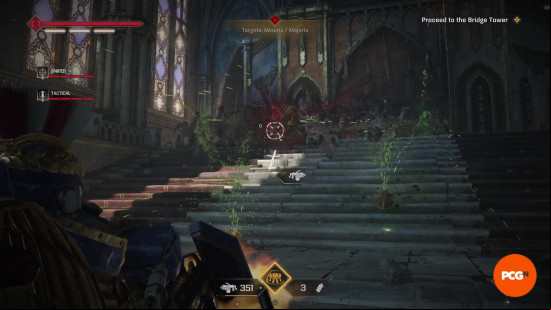 Space Marine 2 missions: A Heavy Space Marine firing a machine gun at a Tyranid swarm at the top of a staircase.