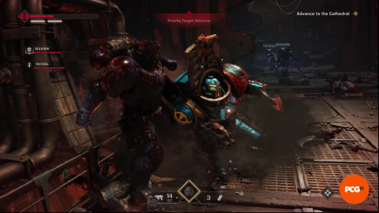 Space Marine 2 missions: A Space Marine winding up a punch to execute a Thousand Sons enemy in a hallway.
