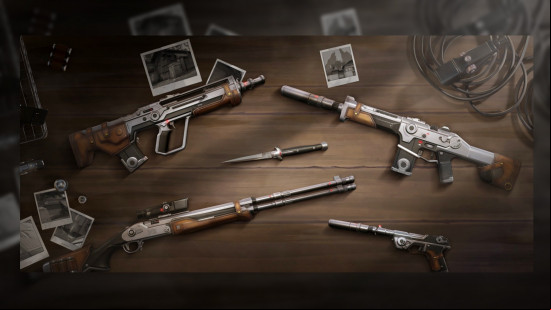 A collection of wooden and metal guns laid out on a table to showcase the Valorant skin collection Aperture.